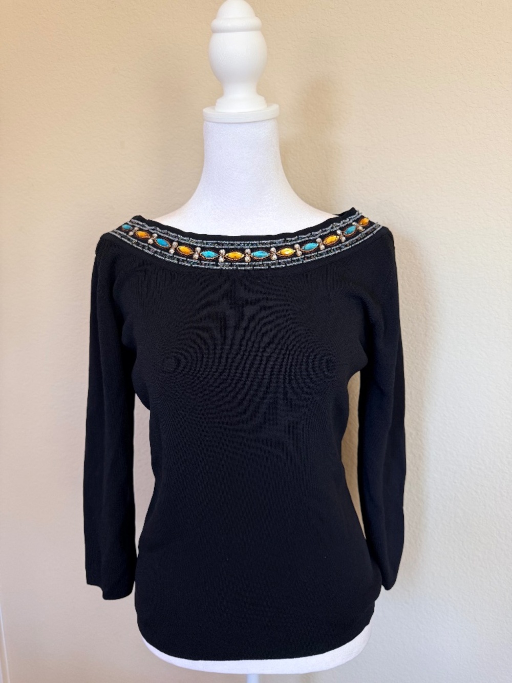Vintage JAC Black Knit Top with Marquise Gemstone Embellishment